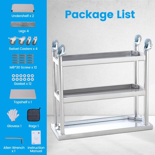 Stainless Steel Table, 14 x 36 Inch, 3-Tier Metal Prep Table with 2 Lockable Wheels, Undershelf, Commercial Kitchen Utility Workstation for Restaurant, Hotel, Laundry, Garage, Indoor, Outdoor, BBQ