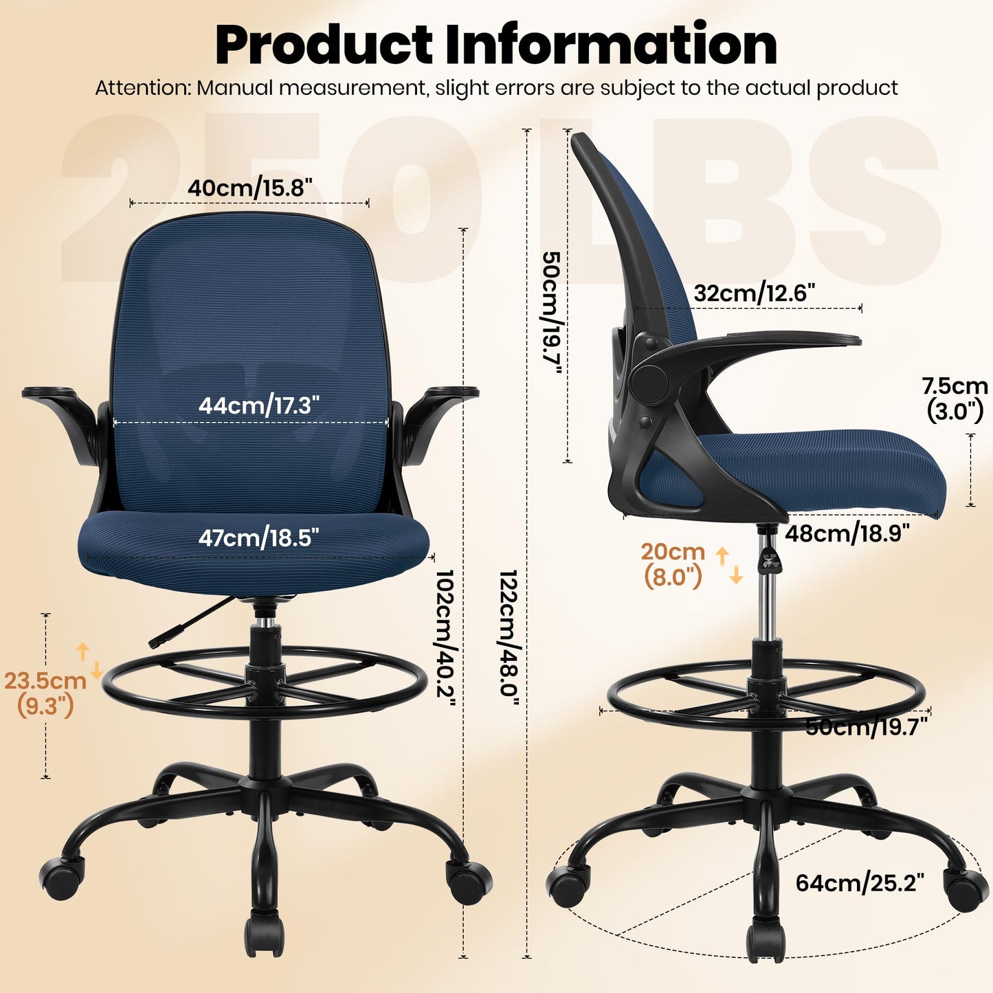 Primy Drafting Chair Tall Office Chair with Flip-up Armrests Executive Ergonomic Computer Standing Desk Chair with Lumbar Support and Adjustable Footrest Ring (Navy)