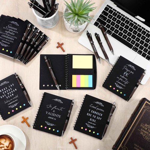 Kosiz 40 Pcs/20 Set Christmas Christian Gifts Prayer Journal Notebook Bulk for Women Journal Spiral 5.3x4.1 in, Religious Bible Verse Pen Sticky Note for Church Faith Based(Black,Spanish Bible Leaves)