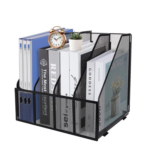 HMXLJJY Mesh Metal A4 Magazine File Holder, Desktop 4 Sections Document Holder Office File Storage Rack for Desk Tidy, Paper Organiser Filing Rack,4 Compartments,(Black)