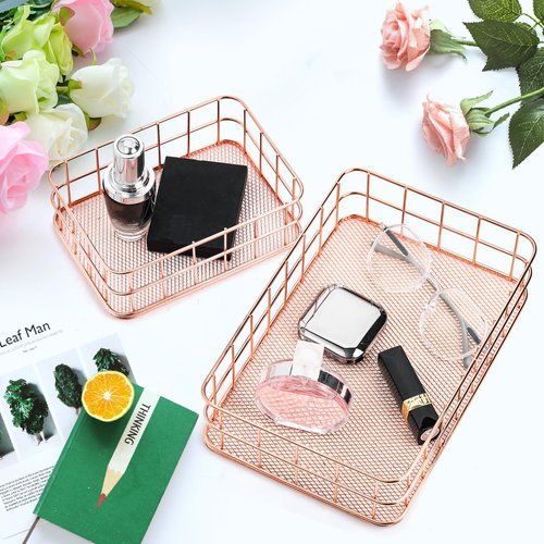 Hacaroa 4 Pack Rose Gold Wire Mesh Basket, Metal Desk Drawer Organizer Desktop Holder Tray for Cosmetic, Stationery, Magazines, Fruit Snacks, Home, School, Office, 2 Size