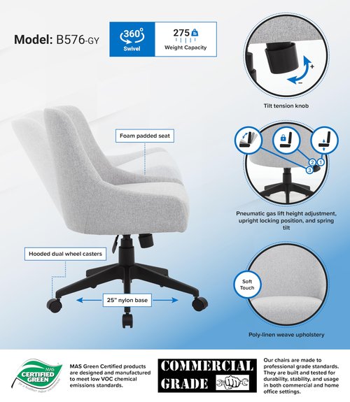 Boss Office Products Boyle Poly-Linen Guest Chair with Casters in Grey