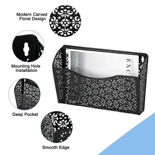 EasyPAG 3 Pack Hollow Design Wall-Mounted File Organizer - Heavy Duty Metal, Vertical Space Saving, Letter Size Single Pocket Holder for Office, Home, School, Black