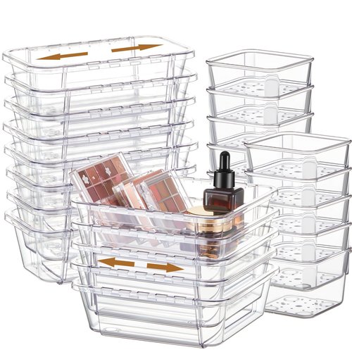 Briwooody 25 Pcs Extendable Clear Drawer Organizer, 3 Size Adjustable Desk Drawer Organizer Acrylic Storage Bins for Makeup, Jewelry Gadgets for Kitchen, Bedroom, Bathroom, Office