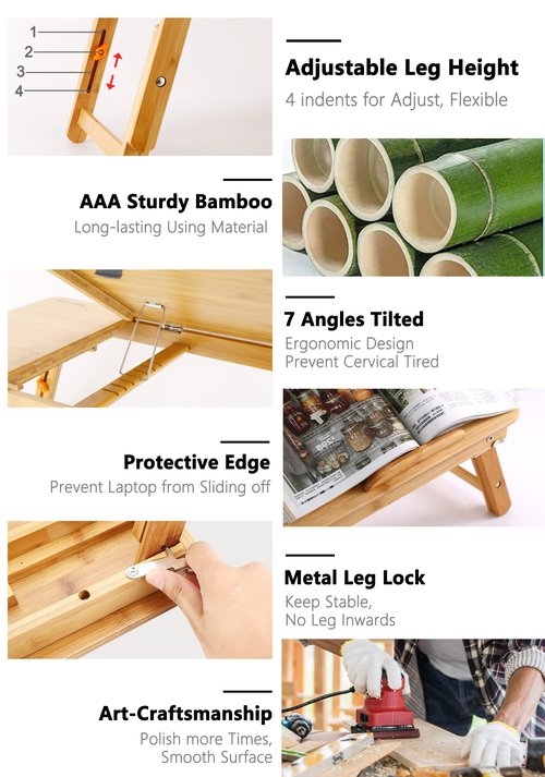 Laptop Desk Nnewvante Table Adjustable Bamboo Foldable Breakfast Serving Bed Tray w' Tilting Top Drawer