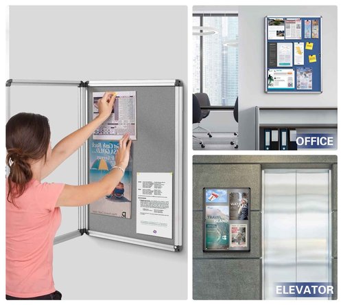 SWANCROWN Enclosed Bulletin Board Lockable Noticeboard Case with Aluminium Frame,Grey Felt, 20x14inch (2xA4)