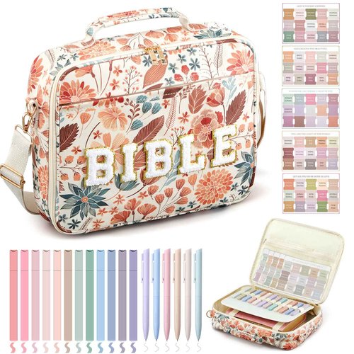 Sinload Extra Large Bible Cover Case Christian Bible Gift for Women 12.8 x 10.5" Chenille Letter PU Leather Bible Bag with Shoulder 5 Bible Tabs 6 Gel Pen 12 Highlighters Xmas Bible Study Supplies