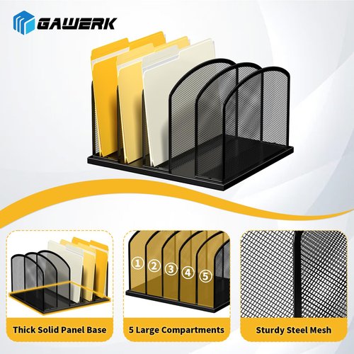 Gawerk Large Size Desk File Organizer, Metal Mesh Vertical Desktop File Holder, 5-Section file organizer for Desk Home Office (1 Pack), Black
