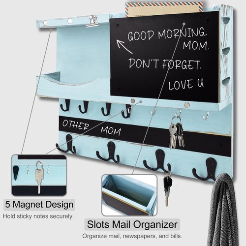 HEKOOLA Key Holder for Wall Mount, Farmhouse Mail and Key Holder for Wall Hanger with ‌Various‌ Hooks, Home Decor Rack with Chalkboard and Shelf(Pine Wood,Blue)
