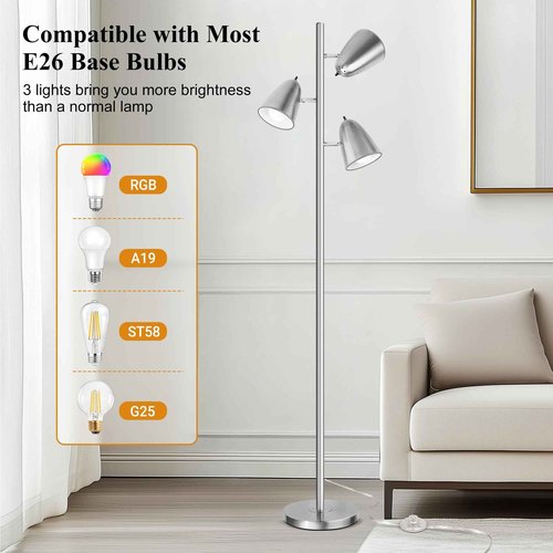 QiMH Tree Floor Lamp with 3 Light Bulbs, Standing Tall Pole Lamps for Living Room Bedroom Office, Reading Stand up Lamps with 3 Adjustable Arms,Brushed Nickel