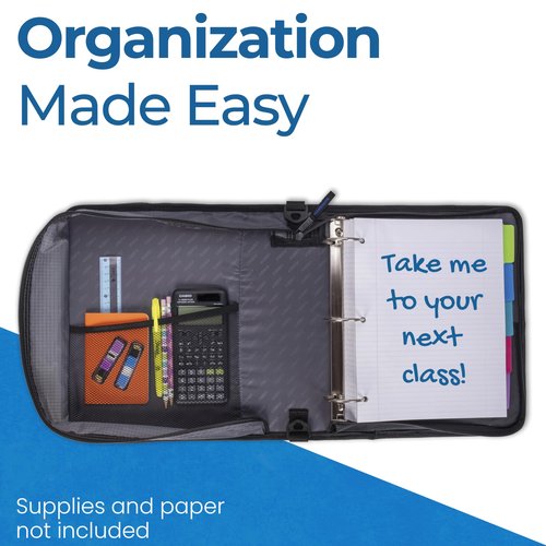 Case-it Universal Zipper Binder | 2-Inch O-Rings, 13-Inch Laptop/Tablet Padded Pocket, 400 Sheet Capacity, Multiple Storage Pockets & Shoulder Strap | School & Office Organizer | LT-007 Jet Black