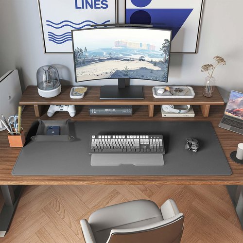 DAWNTREES Dual Sided Desk Mat,Leather Desk Pad,35.5"x17",Cork Desk Mat Protector,with PU Leather Valet Tray Organizer,Large Mouse Pad,Desk Writing Pad for Office and Home(Dark Gray)