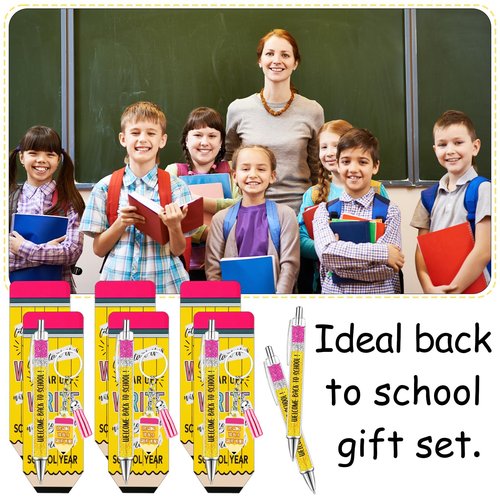 Zenoble 24 Set Back to School Student Gifts Bulk Ballpoint Pens Keychains and Greeting Cards Set First Day of School Gifts for Teacher Classroom Rewards Party Favors