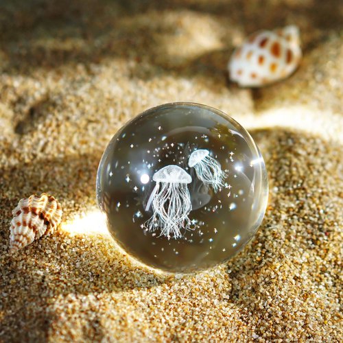 HDCRYSTALGIFTS 3D Laser Engraved Jellyfish with Star Ocean -2.3inch (60mm) Crystal Decorative Ball Figurine Glass Full Sphere with Silver-Plated Stand Home Art Decoration