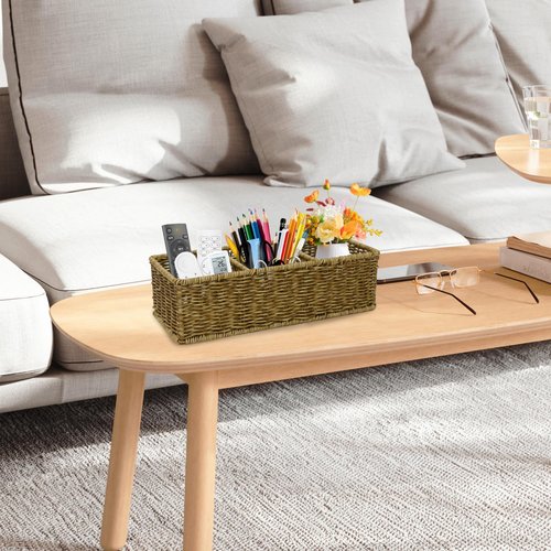 Yomjarl Remote Control Holder,Tv Remote Storage Basket,Handwoven Wicker Basket with 3 Compartments,Desk Caddy,Cosmetic & Night Stand Storage Box,Table Organizer for Office Supplies,Makeup Brush Holder