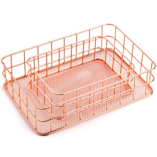 Hacaroa 4 Pack Rose Gold Wire Mesh Basket, Metal Desk Drawer Organizer Desktop Holder Tray for Cosmetic, Stationery, Magazines, Fruit Snacks, Home, School, Office, 2 Size
