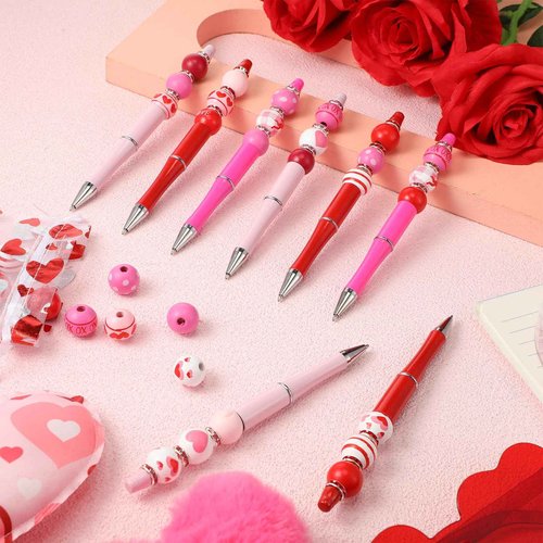 Geyoga 60 Pcs Valentine's Day Beadable Ballpoint Pen Heart Plastic Gel Ink Pen with 180 Assorted Love Beads 60 Rhinestone Beads for Valentines DIY Crafts Office School Students Gifts Party Supplies