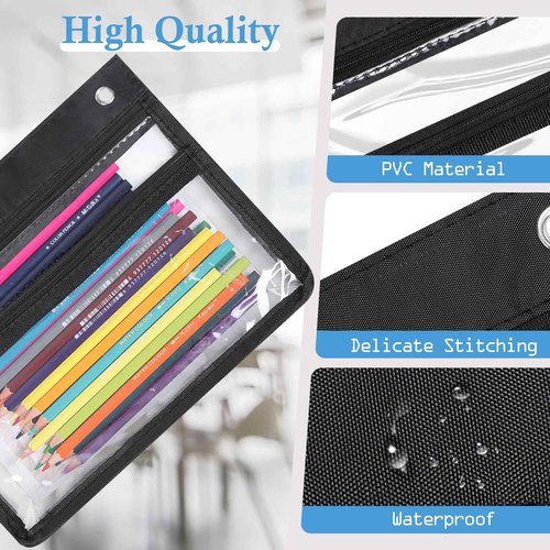 YoeeJob 24 Pack Zipper Pencil Pouches for 3 Ring Binder, 1.5 Inch Expandable with 2 Pockets and Clear Window for School and Office （Black）