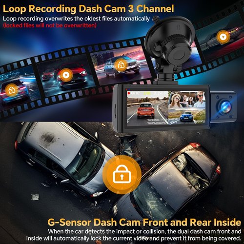 Dash Cam Front Rear and Inside, 3 Channel Dual Dash Camera for Cars WiFi 2.5K Dashcams for Car W/ 64GB Card,1440P Dashcam Front+1080P Inside Car Camera+1080P Rear Car Dash Cam,G-Sensor,IR Night Vision