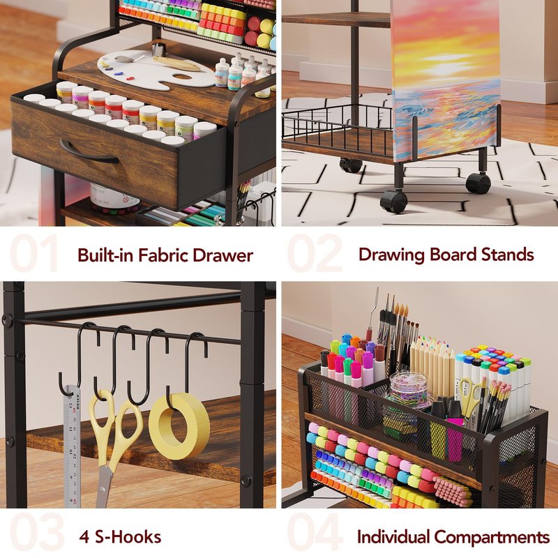 Homsorout Art cart, 3 Tier Rolling Cart - Utility Cart with Storage Drawer and Wheels, Versatile Art & Craft Organizer for Home, Office, or Studio Ideal for Storing Brushes, Paints （Brown）