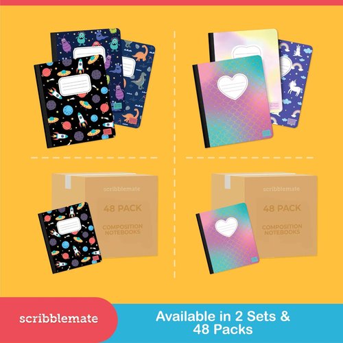ScribbleMate Cute Composition Notebook Wide Ruled, Composition Notebpooks for Kids, Wide Ruled Composition Notebook for Boys and Girls. 100 Sheets 200 Pasges. 9.75” x 7.5” (12 Pack)