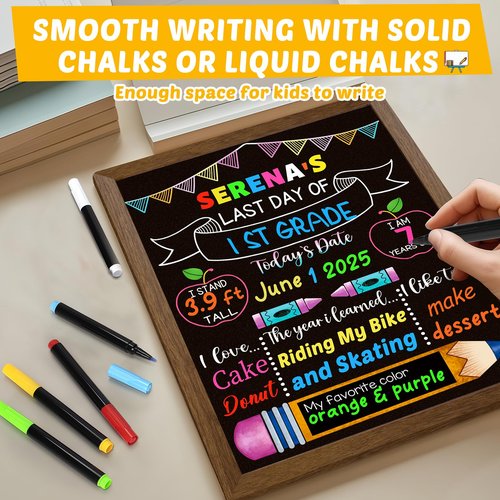 Double-Sided First Day and Last Day of School Board Sign with 6 Colorful Markers,14x12 Inch Reusable Chalkboard, First & Last Day Photo Prop for Kindergarten Preschool Elementary Kids
