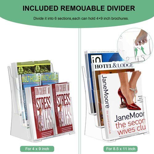 zavekia 2 Pack 3 Tier Acrylic Brochure Holder 8.5 x 11 inch, Clear Literature Organizer Magazine Stand with Removable Divider for 4 x 9 inch Brochures,Magazine Holder,Flyer Holder