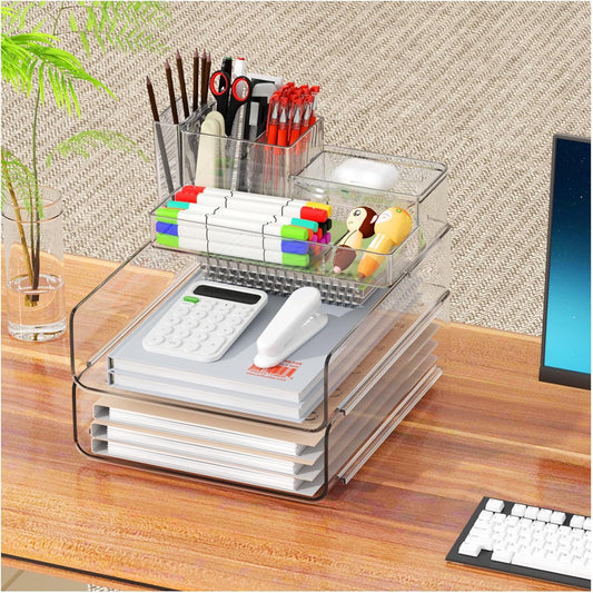 YKLSLH Paper Organizer - Clear Acrylic Stackable Desk File Tray with 5 Compartments & Pencil Holder