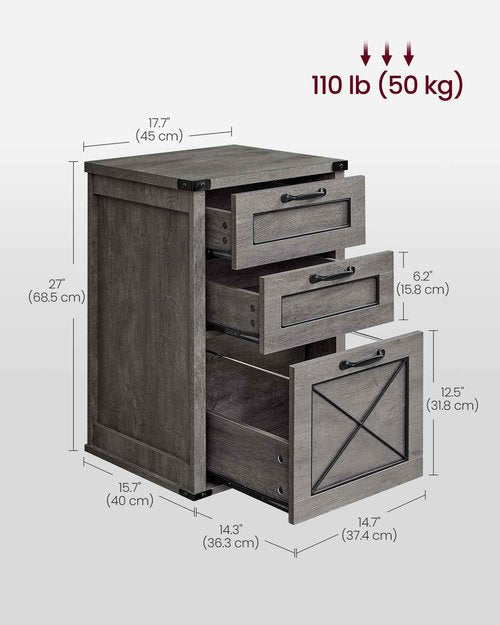 VASAGLE File Cabinet, Filing Cabinet with 3 Drawers, Printer Stand, Fit A4, Letter Size, Hanging File Folders, Modern Farmhouse Style, for Home Office, Misty Gray UOFC054G01
