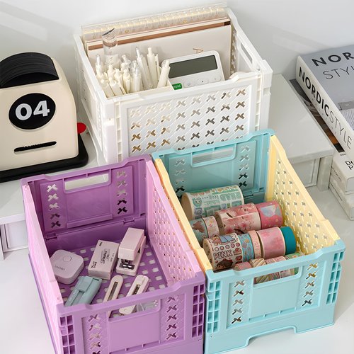 HOYA PONYOO 2-Pack Pastel Plastic Storage Crates, Foldable & Stackable Crates for Home, Office, Bathroom, 12 x 8.7 x 7 Inch Collapsible Organizers, White, Middle