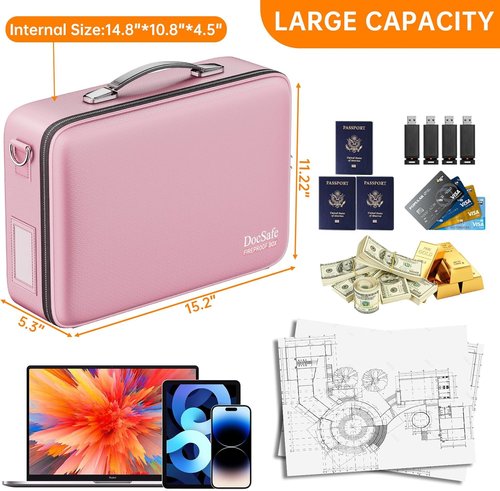 DocSafe Fireproof Document Box - Secure Hard Case Organizer with Lock & Shoulder Strap | Portable Pink Storage for Important Files