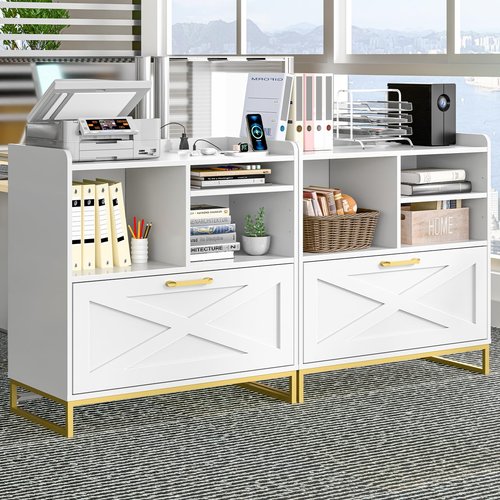 Lateral File Cabinet A Large Drawer File Cabinet with Charging Station for Home Office Furniture, Modern Farmhouse Wood File Storage Cabinet with Open Adjustable Shelves, White