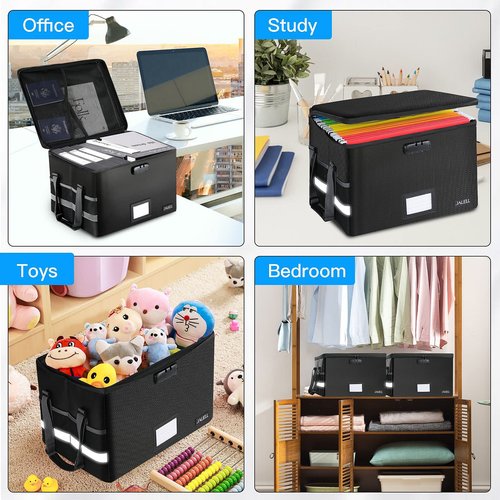 File Box with Lock - Fireproof Document Box File Organizer with Zipper & Adjustable Handle, Collapsible File Storage Box for Home Office, Filing Cabinet for Hanging Letter/Legal Folder