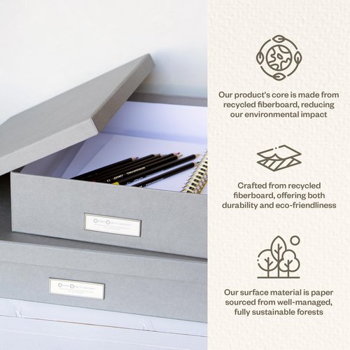 Bigso Box of Sweden Sverker Fiberboard Legal and Art Storage Box | Scrapbook Storage Box| Durable Document Boxes with Lid and Metal Label Holder | 17.1’’ x 12.2’’ x 3.3’’ | Grey