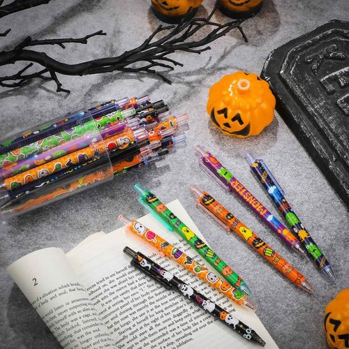 Leinuosen 120 Pcs Halloween Ballpoint Pen Retractable Gel Ink Pen Ghost Pumpkin Spider Patter Halloween Present Cute Cartoon Pens for Office School Supplies Halloween Party Supply