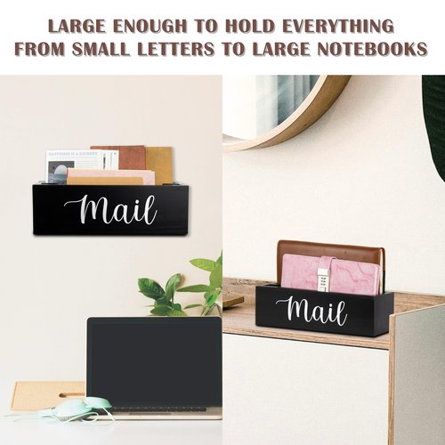 Mail Organizer for Desk or Wall Mount, 2 Compartments Ash Wood Mail Holder Countertop, Mail Basket for Desktop, Kitchen, Home, Wall | Wood Desk Mail Organizer, Black Envelope Holder for Home Office