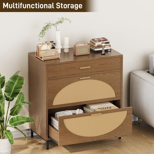 Lateral File Cabinet with 3 Drawers, Eco Rattan Wood File Cabinet for Home Office, Large Filing Storage Cabinets Printer Stand for Letter/Legal/A4 Size Hanging File