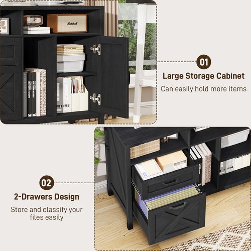 Lateral File Cabinet, Farmhouse 2 Drawer File Cabinet with Open Storage Shelf for Letter/Legal/A4 Size Hanging Files, Large Wood File Storage Cabinets Printer Stand for Home Office, Black