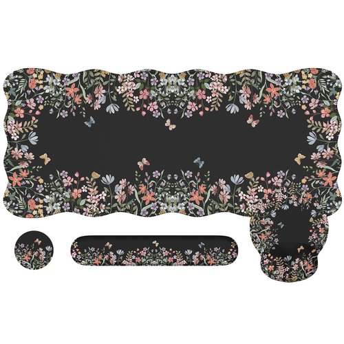 iCasso Desk Mat Set,Large Mouse Pad with Wrist Rest,Ergonomic Keyboard Wrist Support for Women,Girly Floral Computer Mat with Scalloped Edges,Non-Slip Desk Pad Home Office Gaming (Black)