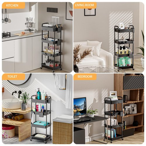 4 Tier Rolling Utility Cart with Drawer,REBECAT Utility Cart Made of Multifunctional Storage Organizer Tool for Kitchen,Bathroom,Living Room,Office(Black)