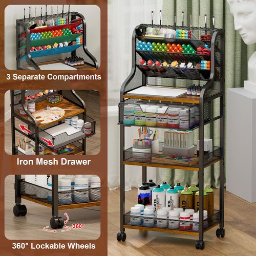 Large 7-Tier Rolling Utility Cart with Drawer, 40.15in Tall Metal Craft & Art Storage Organizer with Lockable Wheels, Storage for Art Studio, Drawing Room, Paints & Supplies