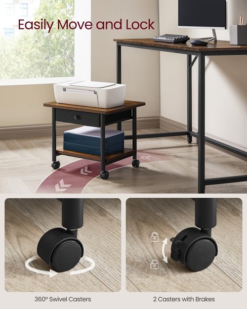 VASAGLE Heavy-Duty Printer Stand with Locking Wheels, 2-Tier with Drawer Industrial Mobile Cart with Storage Shelf, Printer Table for Home, Office, 15.6" Height, Rustic Brown and Black UOPS004B01