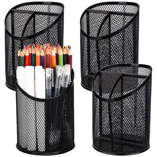 Nicunom 4 Pack Pen Holder Mesh Pencil Holder Round Pen Cup for Desk, 3 Compartments Desktop Pencil Organizer for Office Home School, Black