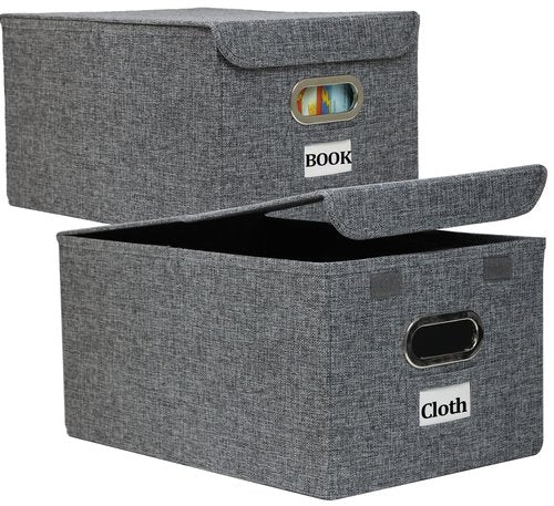 Set of 2 Large Storage Bin with Lid, Sturdy Linen Foldable Storage Bins for Organizing, 17x12x8.8", Clothes Storage Containers, Organizer Box for Clothing, Sweater, Sheet, Office, Wardrobe, Car
