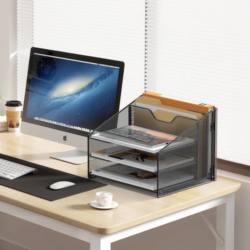 Samstar Desk File Organizer - Mesh Letter Holder with 3 Trays & 2 Upright Sections | Black Office Accessory