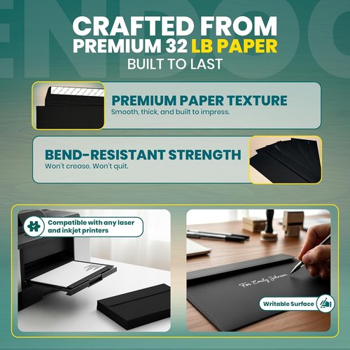 Black Envelopes by #10 | Self-Seal Business Envelopes for Cards & Invitations - 50 Pack, 32lb Heavyweight Paper, 4 1/8 x 9 1/2 Inch
