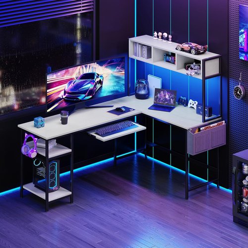 DUMOS L-Shaped Gaming Desk - 67” Reversible Computer Desk with LED Lights & Storage | White Finish