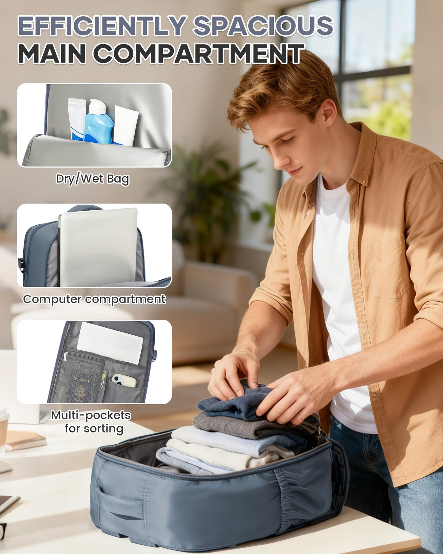 Large Travel Backpack Women Carry On Hiking Backpack Waterproof Outdoor Sports Casual Daypack Personal item Travel Bag Airplane Essentials Spirit Airline Flight Approved Shoes Compartment Jewel Blue
