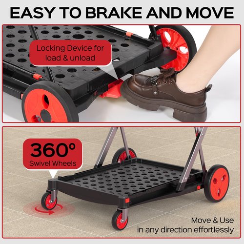 TOLRET Collapsible Shopping Cart with Wheels, 200 lbs Capacity Grocery Cart on Wheels with Storage Crate, Platform Hand Truck with Foot Brake, Red