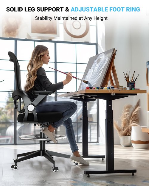Frylr Office Drafting Chairs Adjustable Height - Extended Height Office Chairs with Ergonomic Lumbar Support, Tall Desk Chair for Standing Desk, Counter Height Chair with 400 LB Capacity, Black